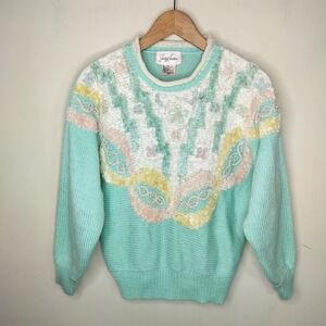 Vintage Jaclyn Smith Sweater Pastel Pearls Floral Coquette Grandmacore